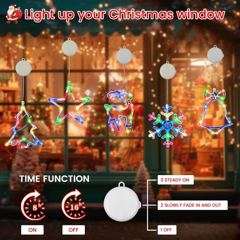 BHCLIGHT 5 Pack Christmas Window Lights, Multicolor X-Mas Tree, Reindeer, Bell, Snow, Star Lights, Battery Operated Christmas Window Decorations with Suction Cup and Timer Function for Window Glass Decor - Image 2